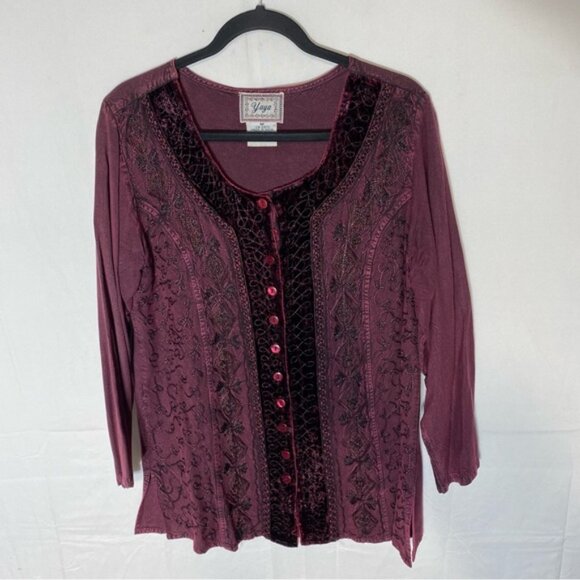 Vintage Yaya Burgundy Boho Scoop Neck Button Front Embroidered Top M - Picture 16 of 16